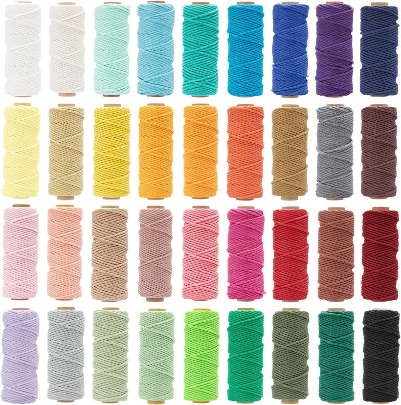 PHUNTTEK 36 Colors Macrame Cord 3mm x 1188 Yards Natural Colored Macrame Supplies 4 Strand Twisted Macrame Kit Cotton Cord Rope Macrame Yarn Twine String for Crafts Wall Hanging Plant Hanger DIY Knitting - Image 1